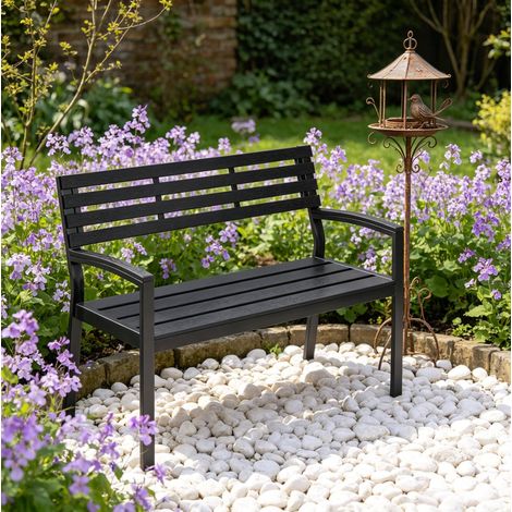 Gartenbank aus Metall und PS in Schwarz mit Rückenlehne und Armlehnen (1/5)