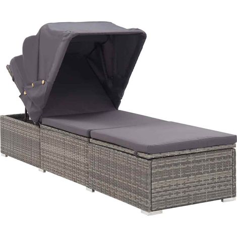 Lettino Prendisole  Sdraio con Tettuccio e Cuscino in Polyrattan Grigio (1/5)