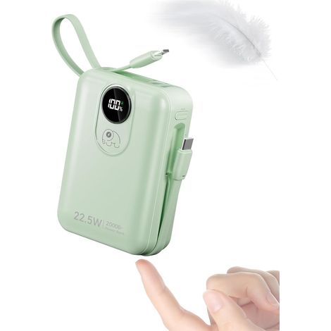 Batterie Externe 20000mAh avec Câble intégré : 22.5W Power Bank à Charge Rapide pour téléphone Portable, Batterie USB C (Input & Output), Chargeur Portable avec 4 Sorties et 2 entrées-Vert (1/5)