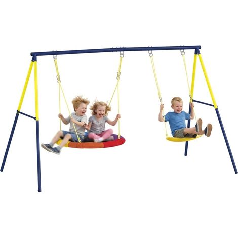 Structure de balançoire double enfant, cordes ajustables, cadre métallique, 3-8 ans, charge maximale 150 kg