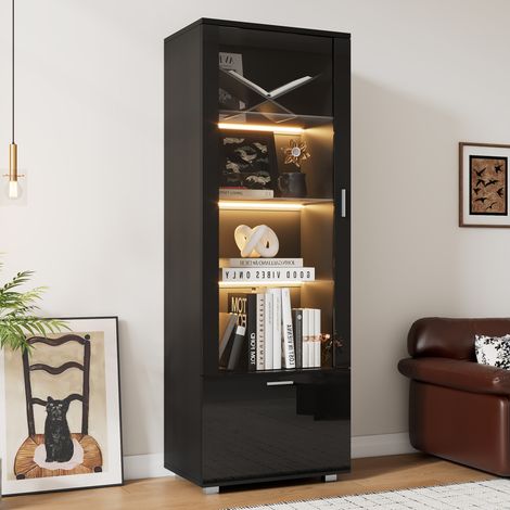 Vitrine brillante160 cm, avec portes vitrées et 3 compartiments de rangement, éclairage LED, Vitrine indépendante, Noir (1/5)