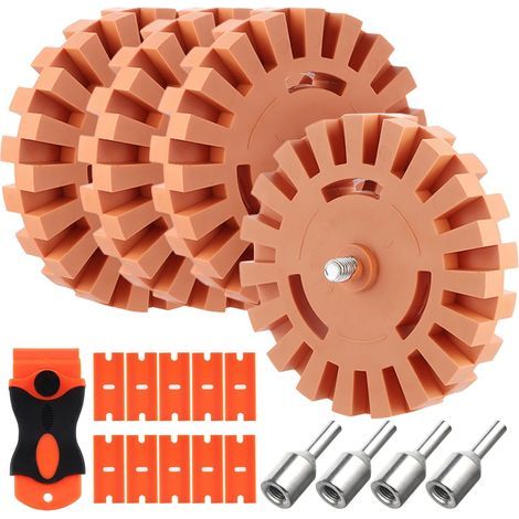 Set di 4 strumenti per la rimozione di pellicole, inclusi adattatore, disco abrasivo in gomma da 100 mm e disco abrasivo in gomma per rimuovere adesivi o per il lavaggio dell'auto. (1/5)