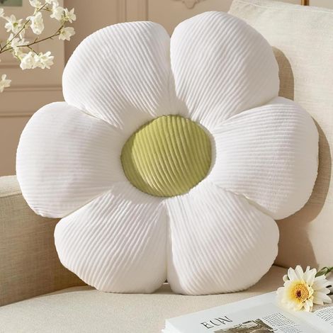 Coussin de sol floral - 1 pièce - Velours doux - Motif marguerite 3D - Décoration chambre enfant - Blanc/Vert 39 cm (Blanc avec cœur vert [six pétales] 40 cm 0,22 kg) (1/5)