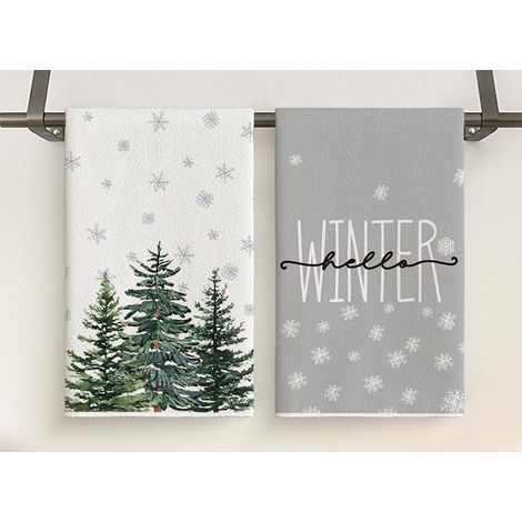 2 Pièces Torchons Noel, Torchon Vaisselle Noël Torchons de Cuisine Cadeaux, Christmas Essuie Sapin de Noël Flocons de Neige Deco Serviettes, Décoration Hivernale Cuisine, Blanc Gris 41 x 63 cm (1/5)