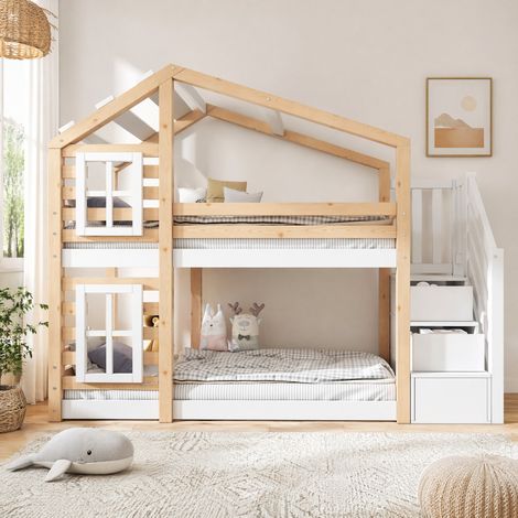 Letto a castello 90 x 200 cm stile casetta con contenitori e 2 reti, naturale e bianco HAVRYA (1/5)