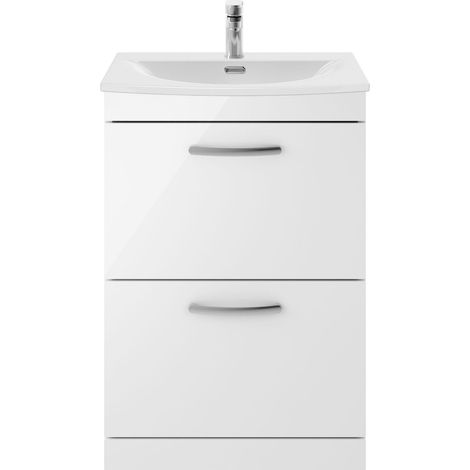 Millwich Contemporary 2 Drawer Floor Standing Vanity Unit with Curved Basin, Gloss White, 600mm
