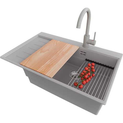 PRIMAGRAN Evier Cuisine en Granit 78x50cm,Lavabo 1 bac + Robinet 32x20cm + Kit de Vidage + Accessoires, Évier à Encastrer au meuble 60cm - Sydney, Gris