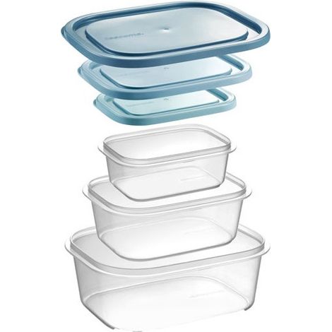 Lot de 3 boîtes de conservation TESCOMA 4FOOD plastique transparent 0,5 L 1 L 2 L couvercles bleu clair/vert d’eau
