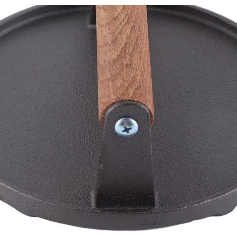 Presse à steak ronde pour barbecue, en fonte avec manche en bois, pour griller, rôtir et frire la viande. (1/5)