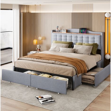Lit rembourré moderne 160x200 cm gris, tête de lit avec USB et tablette, 4 tiroirs, sommier à lattes (1/5)
