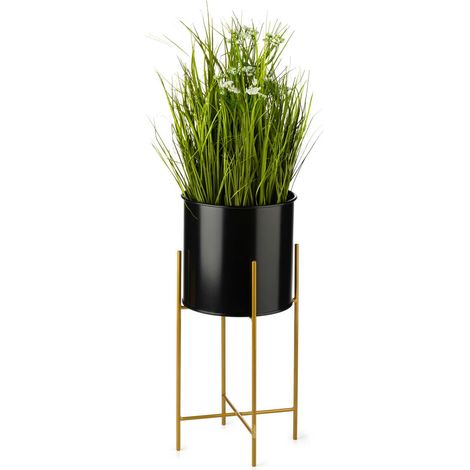 Soporte para macetas con tapa de 55 cm, color oro y negro.