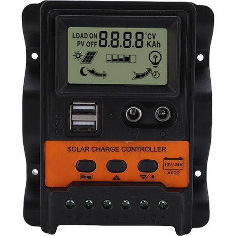 Ortviai Régulateur solaire 12 V / 24 V 20 A avec double port USB et sortie DC pour lampadaires et installations photovoltaïques (1/5)
