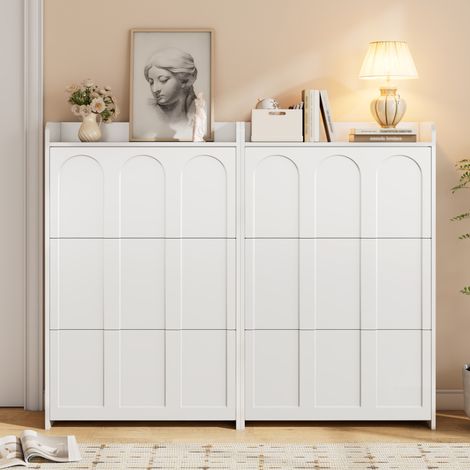 Meuble à chaussures 140/25/120 cm blanc en MDF avec 6 portes abattantes et 12 compartiments (1/5)