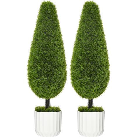 Set de 2 cyprès artificiels 90 cm en pot avec mousse décorative pour intérieur et extérieur (1/5)