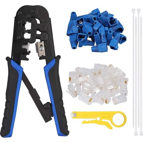 Kit de Pince à Sertir RJ45 avec 30 Connecteurs Cristal Cat5 + Dénudeur Outil de Sertissage Ethernet pour 8P/RJ45 et 6P/RJ12/RJ11 (1/5)