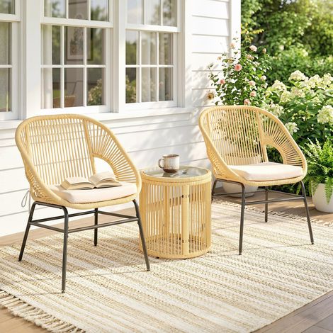 3-teiliges Bistro-Set für den Balkon – 2 bequeme Sessel – Tischplatte aus Sicherheitsglas – Abnehmbare Kissenbezüge – Beige