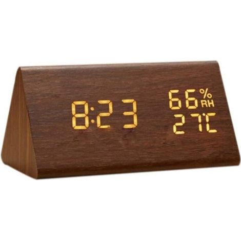 Reloj despertador de madera, reloj despertador digital LED de madera, reloj de mesa digital de madera con hora y temperatura, control de sonido y brillo ajustable. (1/4)