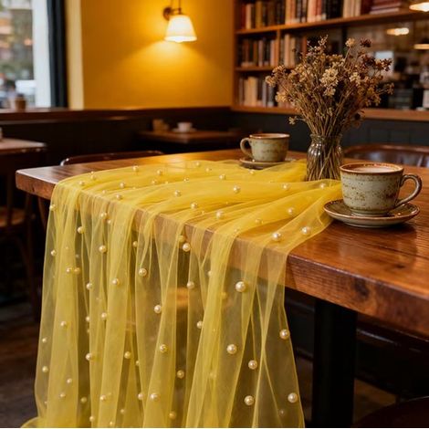 Dos caminos de mesa de malla nacarada de 0,75 m x 3 m, manteles transparentes de temporada para cenas, fiestas, bodas, cumpleaños, Amarillo (1/5)