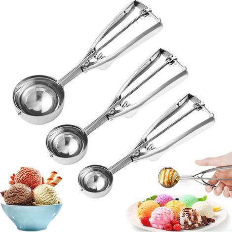 Set di tre cucchiai da torta in acciaio inox, 4 cm + 5 cm + 6 cm, paletta per gelato con clip. (1/5)