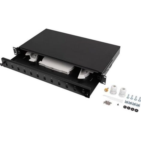 Caja de distribución de fibra óptica 12XSC simplex/12XLC dúplex para rack de 19" 1U, color negro + accesorios (1/3)