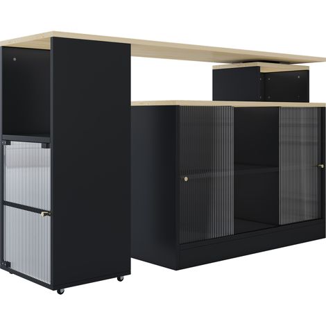 Consola Extensible con 2 Puertas Correderas, 3 Nichos y Almacenaje Giratorio para Cocina, MDF y Vidrio, Negro (1/5)
