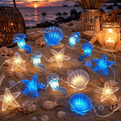 Guirlande lumineuse animaux marins, 2 m, 20 LED en forme de coquillages, décoration maritime, étoile de mer, tortue, hippocampe, coquillages, pour chambre d'enfant, mariage, Saint-Valentin (1/5)