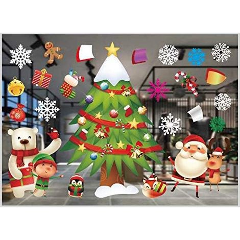 Sticker Fenêtre Noël - Motifs Flocons Renne Père Noël - PVC Statique Réutilisable - Décoration Intérieure Extérieure - Lot de 1