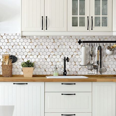 Papier Peint Carrelage Autocollant Motif hexagonal blanc 30 x30 cm Style Mosaïque Sticker Mural Film Décoratif Imperméable pour Carreaux de Mur de Salle de Bains et de Cuisine (1/3)
