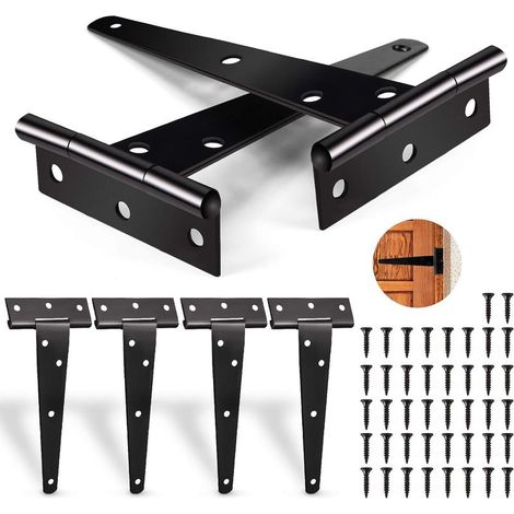 Charnières en T 6 PCS, Robuste Noirs Charnières, Charnière Porte Lourde Capacité de poids 25 kg, Charnières Pliables avec 42 PCS de vis Charnières Robustes pour Portes,Fenêtres,Abris de Jardin-Fei Yu (1/5)
