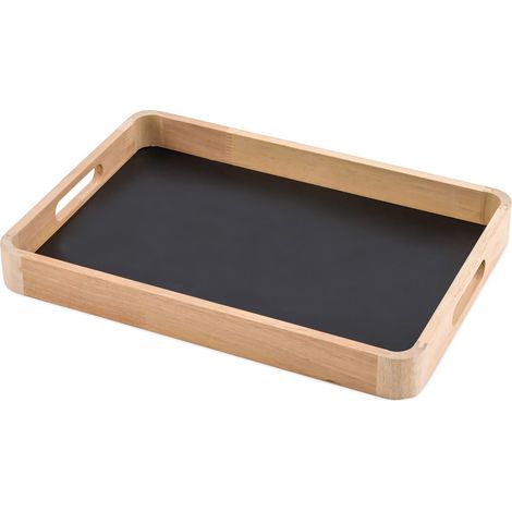 Holztablett natur mit Magnet Boden in schwarz - 34 x 23 cm - Deko Tablett mit Kreidetafel magnetisch - Geschenk Tablett Pinnwand Memotafel Küchentafel