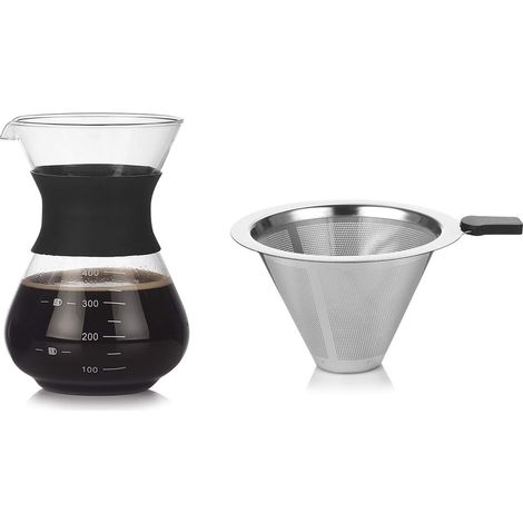 Cafetière à filtre manuel (lot de 2) avec filtre en verre et en acier inoxydable. Cafetière de 400 ml résistante à la chaleur avec manchon en silicone.