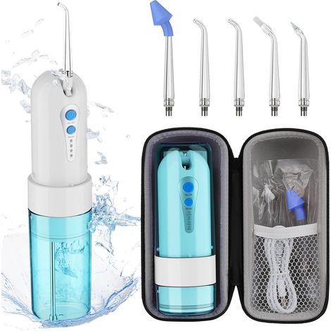 Hydropulseur Sans Fil, Mini Irrigateur Buccal Portable avec Boîte de Rangement, 4 Modes et 5 Buses, Fil Dentaire Électrique, Étanchéité IPX7, Adapté pour la Maison et les Voyages (Bleu/Blanc) (1/5)