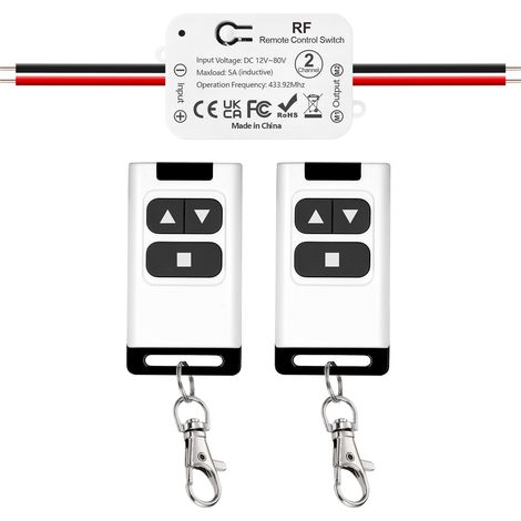 Interrupteur Télécommande Sans Fil Moteur CC 12V 24V 80V Contrôle Marche Avant/Arrière. Compatible portes de garage, portails, volets roulants, stores électriques, pompes. Livré avec 2 télécommandes (1/5)