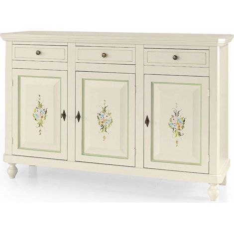 Credenza in legno arte povera tre porte tre cassetti Bianco lucido con decori