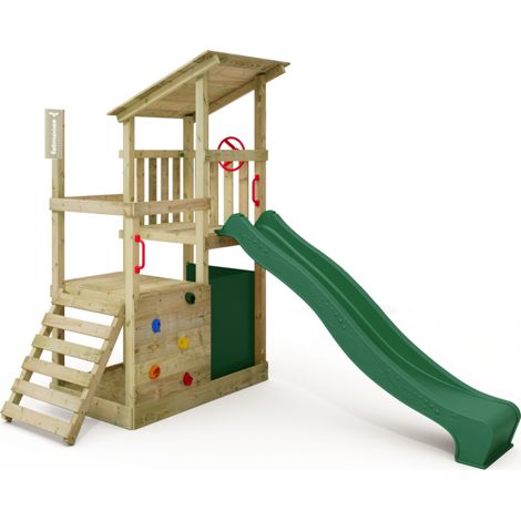 Fatmoose FruityForest Fun wooden play tower with slide and sandpit in green