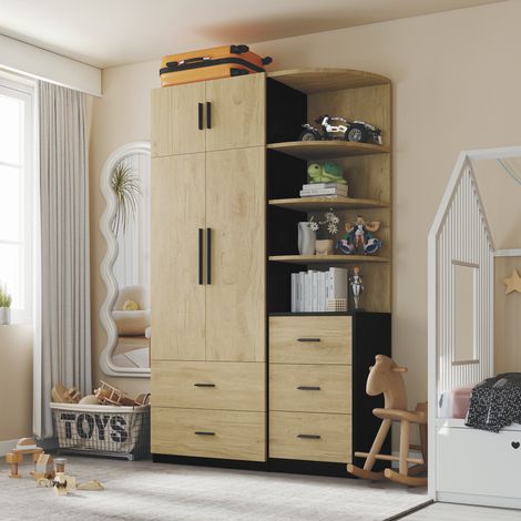 Armoire en bois avec penderie, 5 tiroirs et étagères ouvertes, bois d'ingénierie naturel et noir, 110x40x186 cm (1/5)