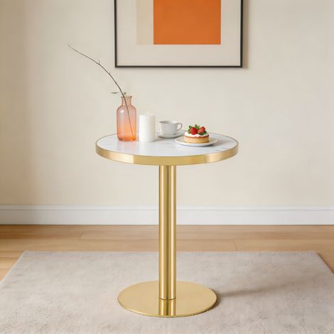 Table de salle à manger ronde moderne - 60x60x74cm - Design luxe aspect marbre avec socle stable - Blanc et Or (1/5)