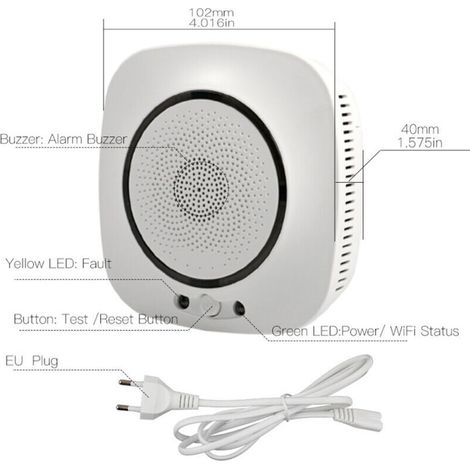 Détecteur de monoxyde de carbone Wifi Détecteur de fumée Wifi 75dB Système d'alarme de sécurité Avertissement sonore APP Notification Push SmartLife Tuya APP Télécommande, Prise UE blanche