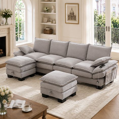 Canapé modulable 4 places en velours côtelé avec 2 poufs – assise large, design ergonomique, rembourrage en mousse haute densité, port USB-C et poches latérales, idéal pour salon, bureau ou salle de d (1/5)