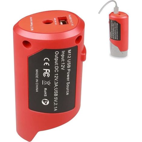 Adaptateur d'alimentation USB M12 pour batterie Milwaukee M12 12 V avec port USB 2,1 A et prise DC 12 V, adaptateur de charge de périphérique USB portable (adaptateur uniquement)