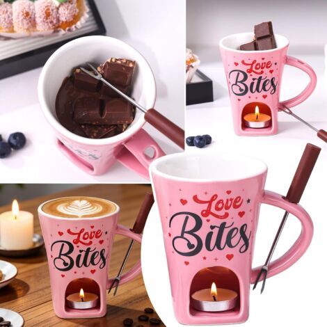 Tasse de Fondue au Chocolat en Céramique, 200ML Tasse Fondue Chocolat Rose, Pot à Cho-colat Fondant avec Fourchette et Bougie à Thé, Tasse à Fondue au Beurre en Céramique pour Cho-colat/Fromage (B) (1/5)