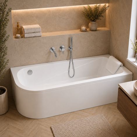 Baignoire d'angle asymétrique droite 160 x 75 cm - blanc - tablier, pieds, vidage chrome, repose - tête - OASIS