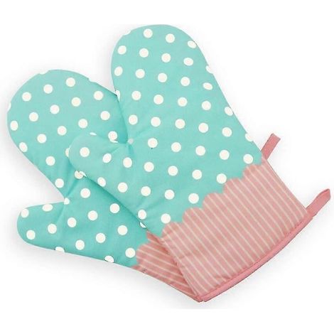 Paire de gants de cuisine épais et résistants à la chaleur, maniques résistantes à la chaleur, gants de cuisine turquoise en coton et polyester à pois blancs (1/4)