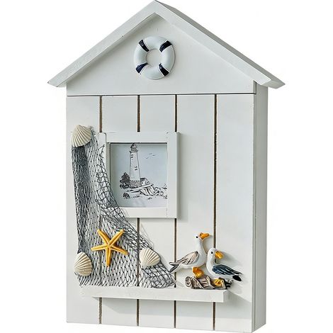 Schlüsselschrank aus Holz - 22 x 7 x 30 cm - Schlüsselablage - Geeignet für 6 Schlüssel/Schlüsselbündel - Haushaltsartikel - Schlüsselschrank mit Meeresmotiven, Fischernetz und Möwe - Weiß (1/4)