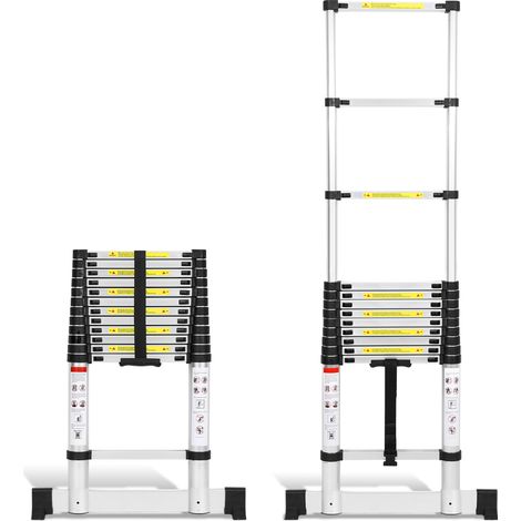 Jiubiaz Escalera telescópica de aluminio de 3,8 m, escalera de apoyo recta con estabilizador, con una capacidad de carga de hasta 150 kg
