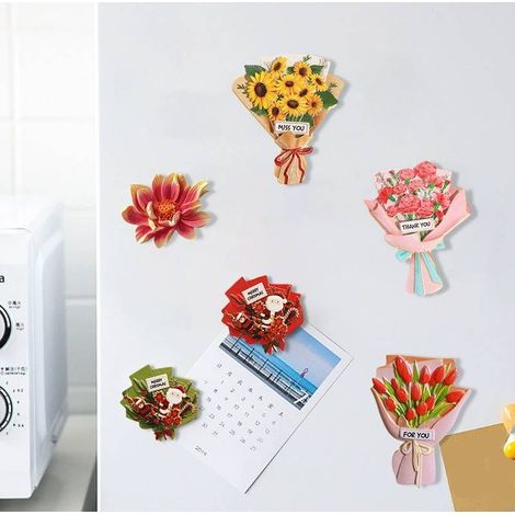 Set mit 6 Kühlschrankmagneten – Kühlschrankpersonalisierung – Blumenaufkleber für Whiteboards, Küchen und Büros – Küchendekoration (Tulpen/Sonnenblumen/Nelken/roter Weihnachtsstrauß/grüner Weihnachtss