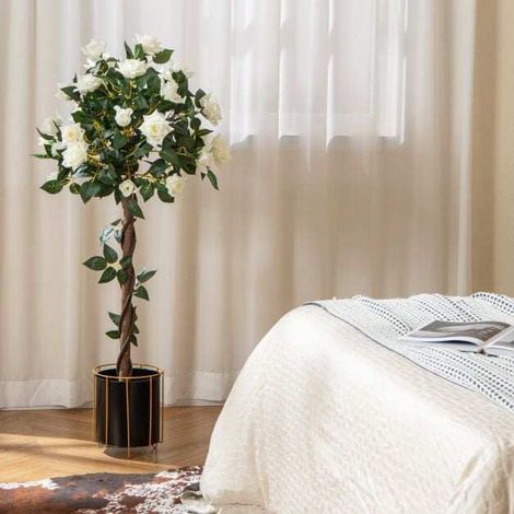 Arbre fleuri artificiel blanc de 120 cm avec roses en polyester, tronc naturel et pot lesté pour salon, chambre et bureau (1/5)