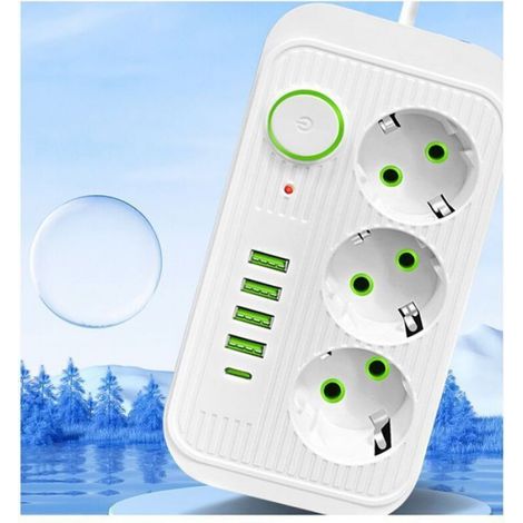 Multiprise Murale - 3 Prises Françaises Avec Terre - 4 Ports USB Dont 1 USB-C 3A - Câble 2 M - Blanc Gris Clair (1/4)