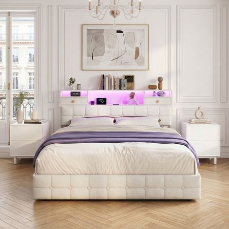 Bett 160x200 cm, hydraulisches Bett mit Stauraum, Kopfteil mit 2 Schubladen, USB und LED, Lattenrost, Samt, beige (1/5)