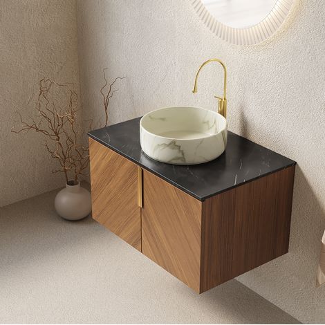Mueble de baño mural 76 cm con lavabo cerámico, encimera de piedra sinterizada y 2 puertas (1/5)